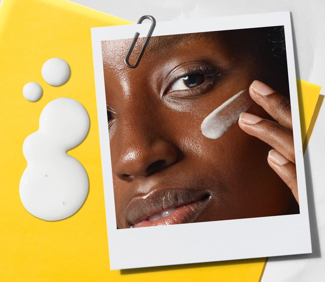 Model photo applying sunblock to their face alongside a texture sample of Kiehl’s sunblock