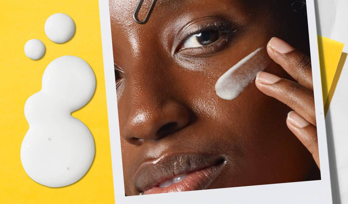 Model photo applying sunblock to their face alongside a texture sample of Kiehl’s sunblock
